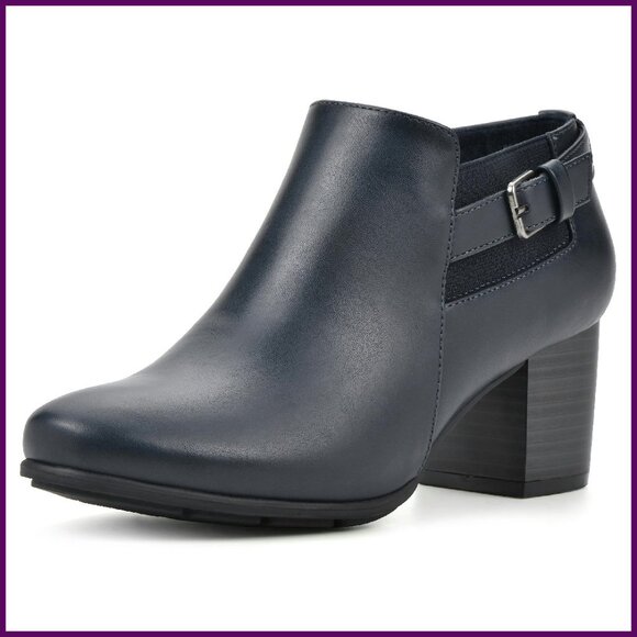 Block Heel Booties with Buckle Strap Cushioned Insole Side Stretch Panel